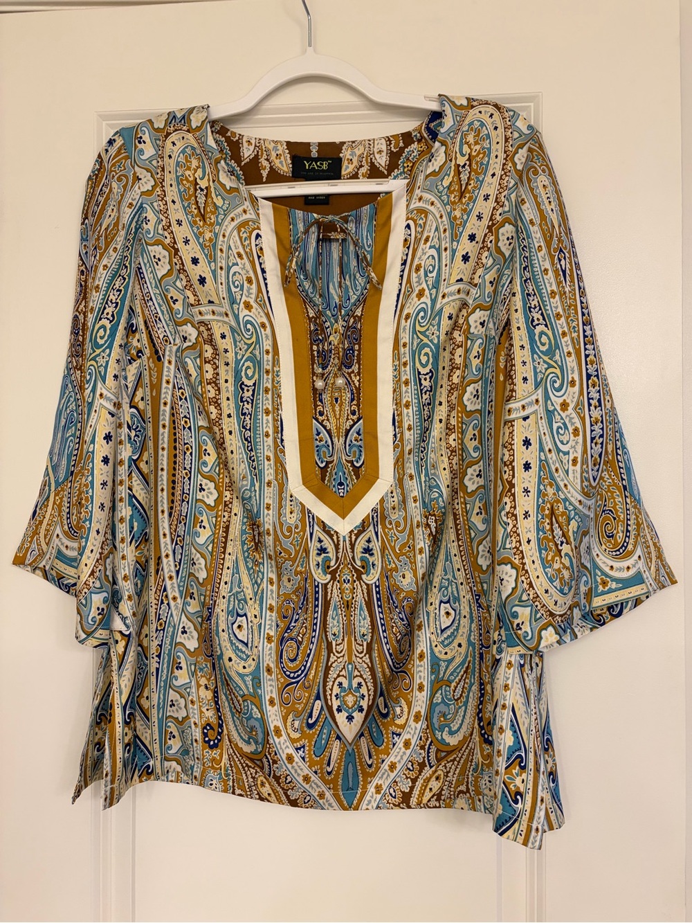YASB Paisley V-Neck Silk Tunic in Mustard and Blue